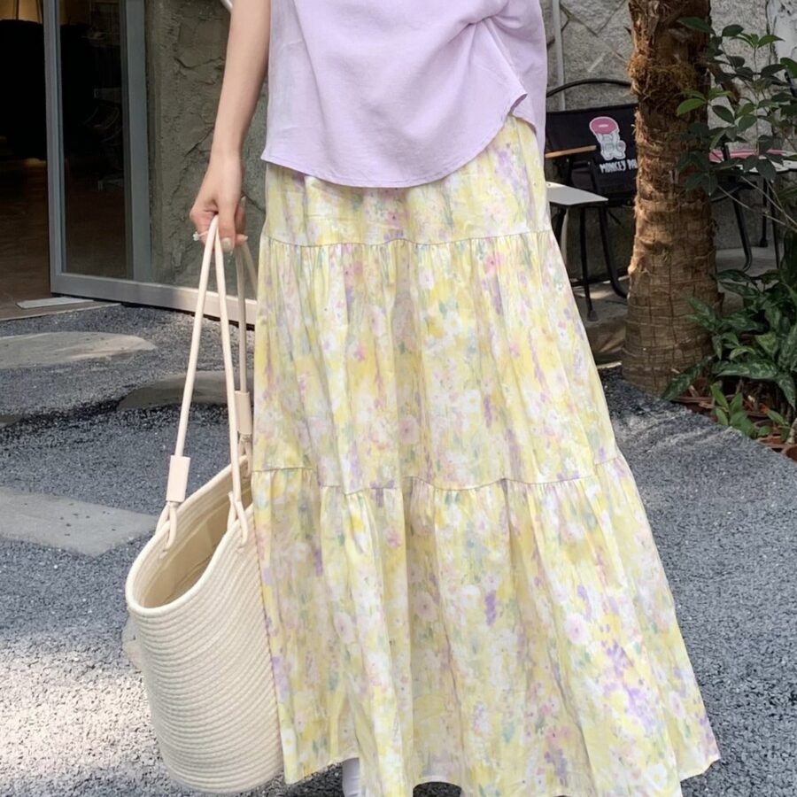 Monet Garden Yellow Floral Midi Skirt