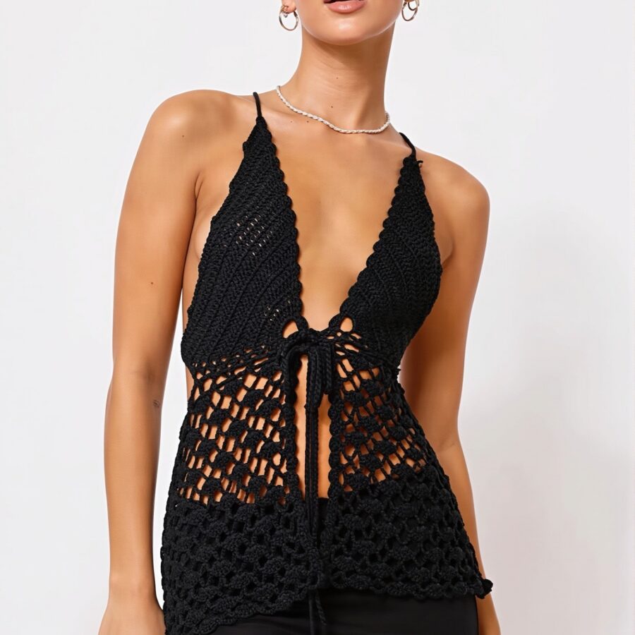 Elegant Ribbed Knit Halter Neck Sleeveless Slim Fit Halter Top
