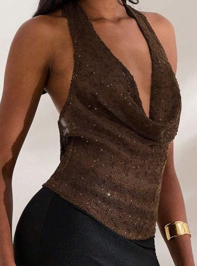 Glitter Solid Sheer Draped Halter Top