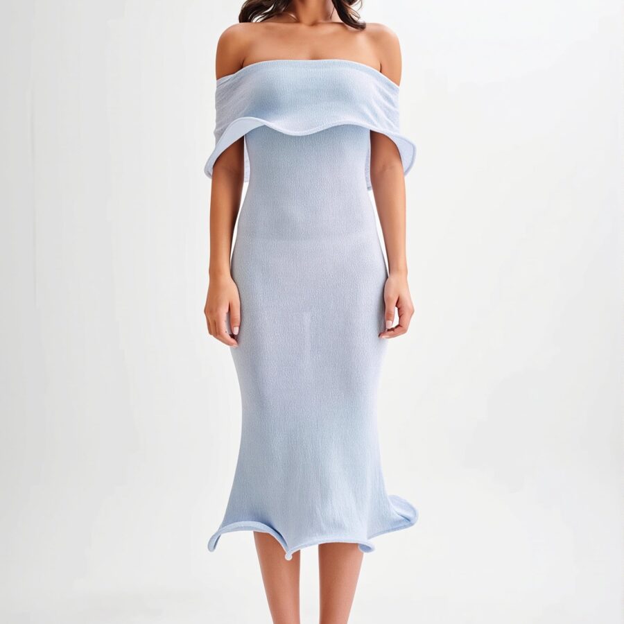 Ruffle Off Shoulder Knit Midi Dress