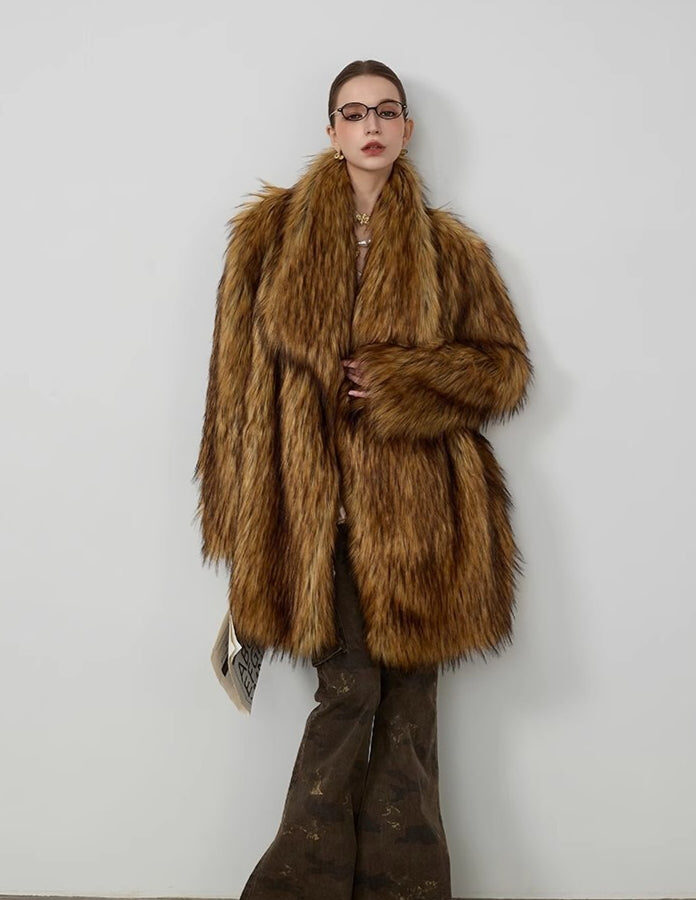 Plush Faux Animal Fur Loose Warm Mid-Length Notch Collar Coat