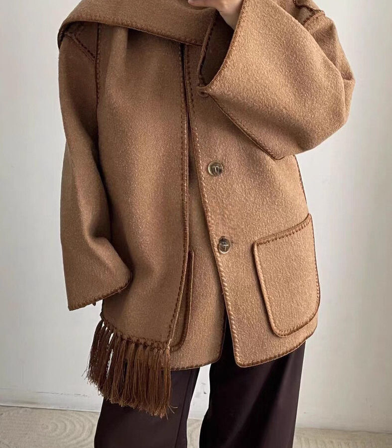 Scarf Collar Tassel Solid Wool Embroidered Coat